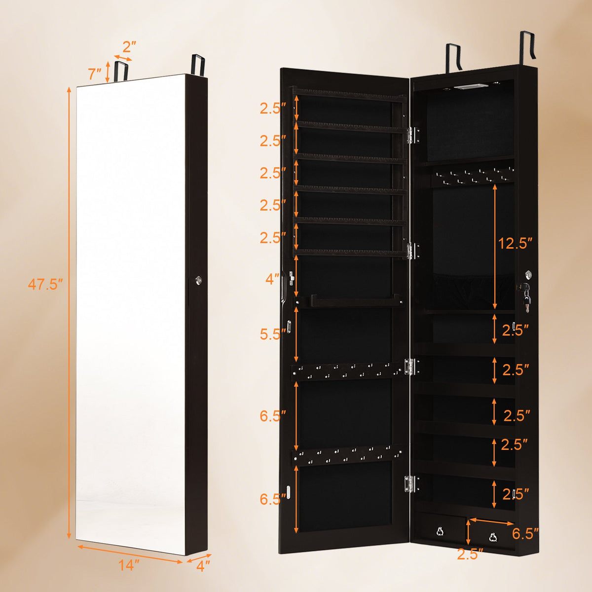 Wall And Door Mounted Mirrored Jewelry Cabinet With Lights-Brown view 5