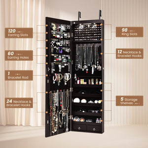 Wall And Door Mounted Mirrored Jewelry Cabinet With Lights-Brown view 6