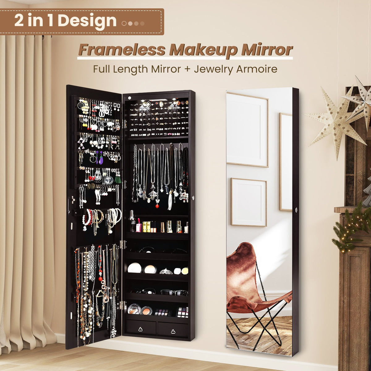 Wall And Door Mounted Mirrored Jewelry Cabinet With Lights-Brown view 7