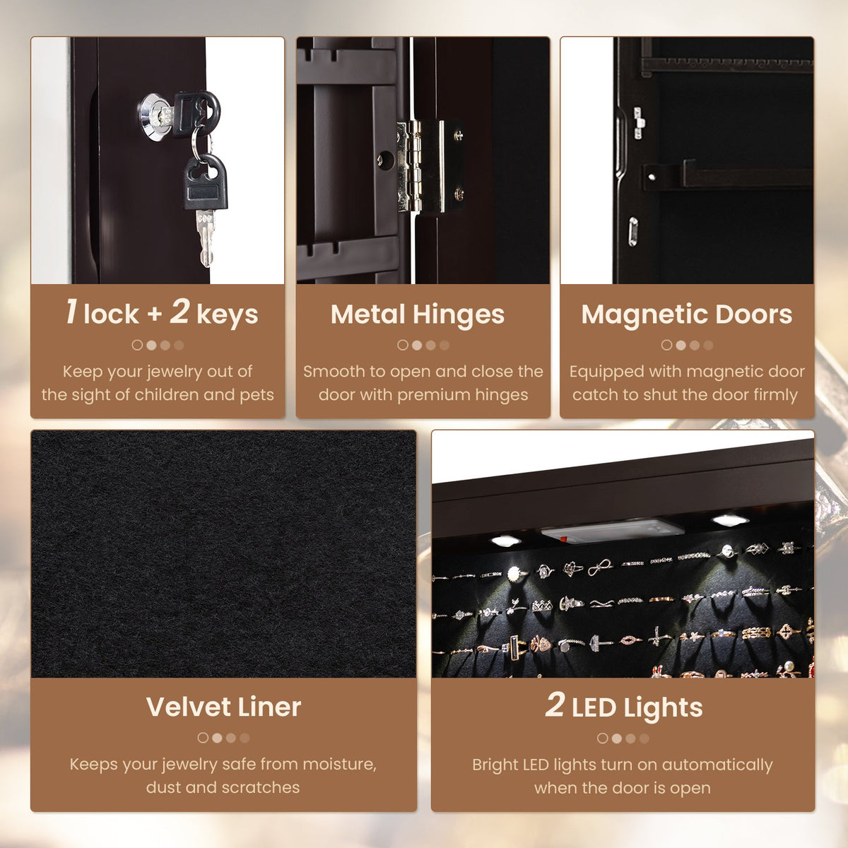 Wall And Door Mounted Mirrored Jewelry Cabinet With Lights-Brown view 8