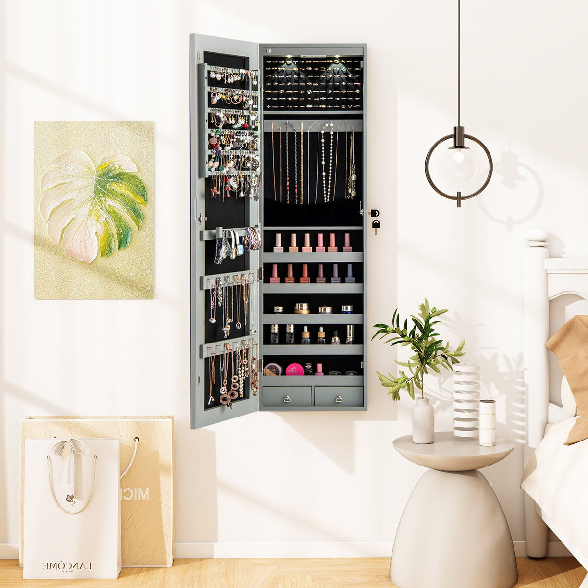 Wall and Door Mounted Mirrored Jewelry Cabinet with Lights-Gray view 2