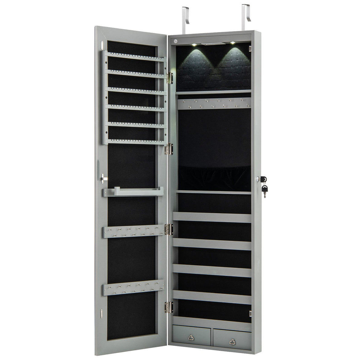 Wall and Door Mounted Mirrored Jewelry Cabinet with Lights-Gray view 4