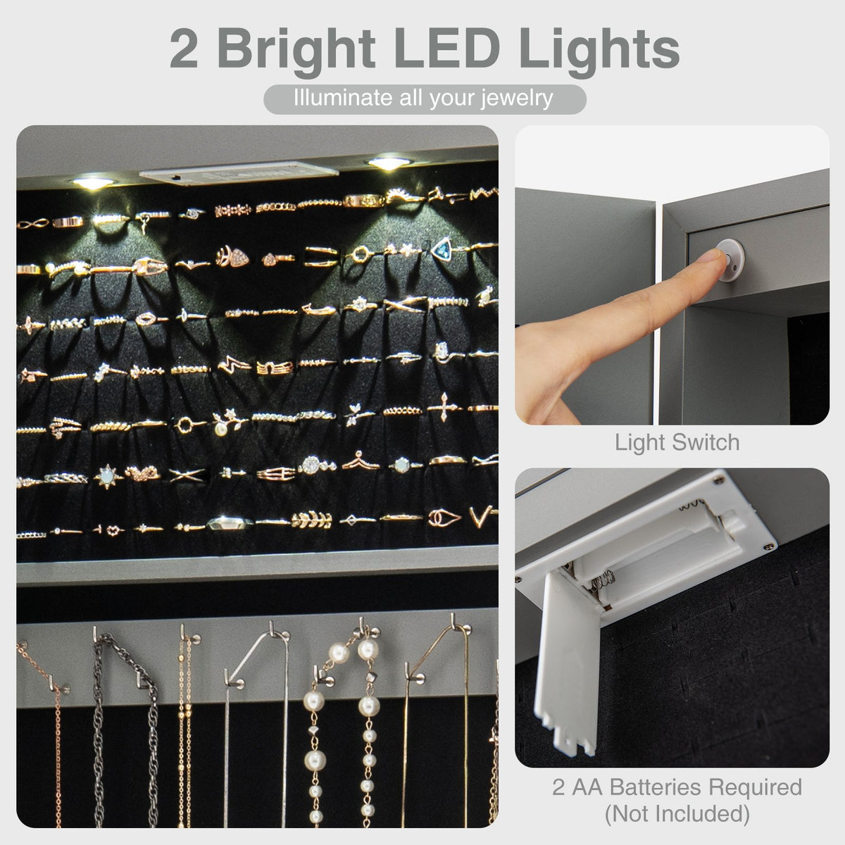 Wall and Door Mounted Mirrored Jewelry Cabinet with Lights-Gray view 8