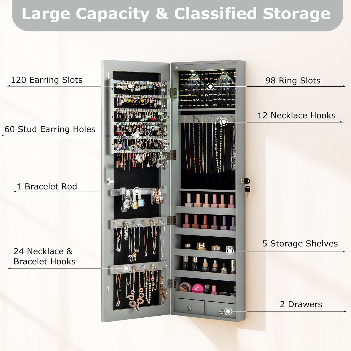 Wall and Door Mounted Mirrored Jewelry Cabinet with Lights-Gray view 9