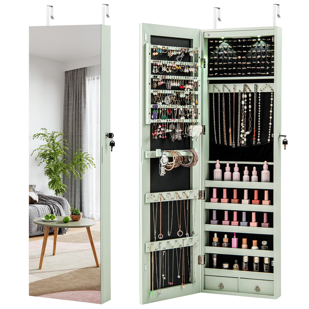 Wall and Door Mounted Mirrored Jewelry Cabinet with Lights-Green view 4