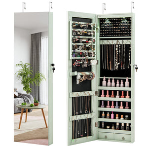 Wall and Door Mounted Mirrored Jewelry Cabinet with Lights-Green view 4
