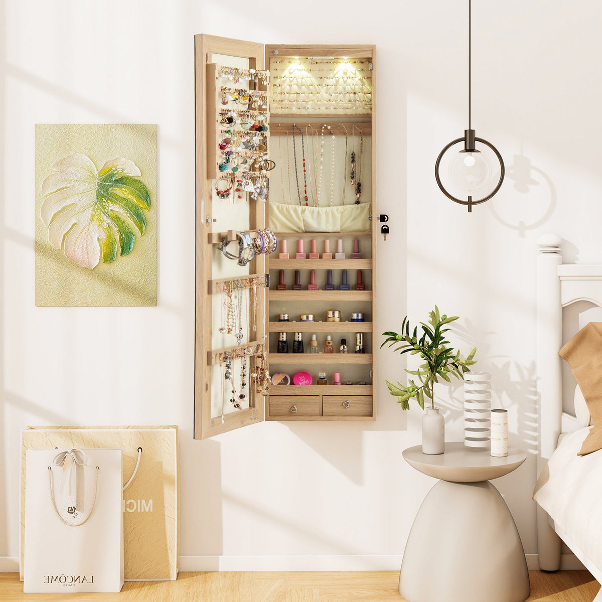 Wall and Door Mounted Mirrored Jewelry Cabinet with Lights-Natural view 2
