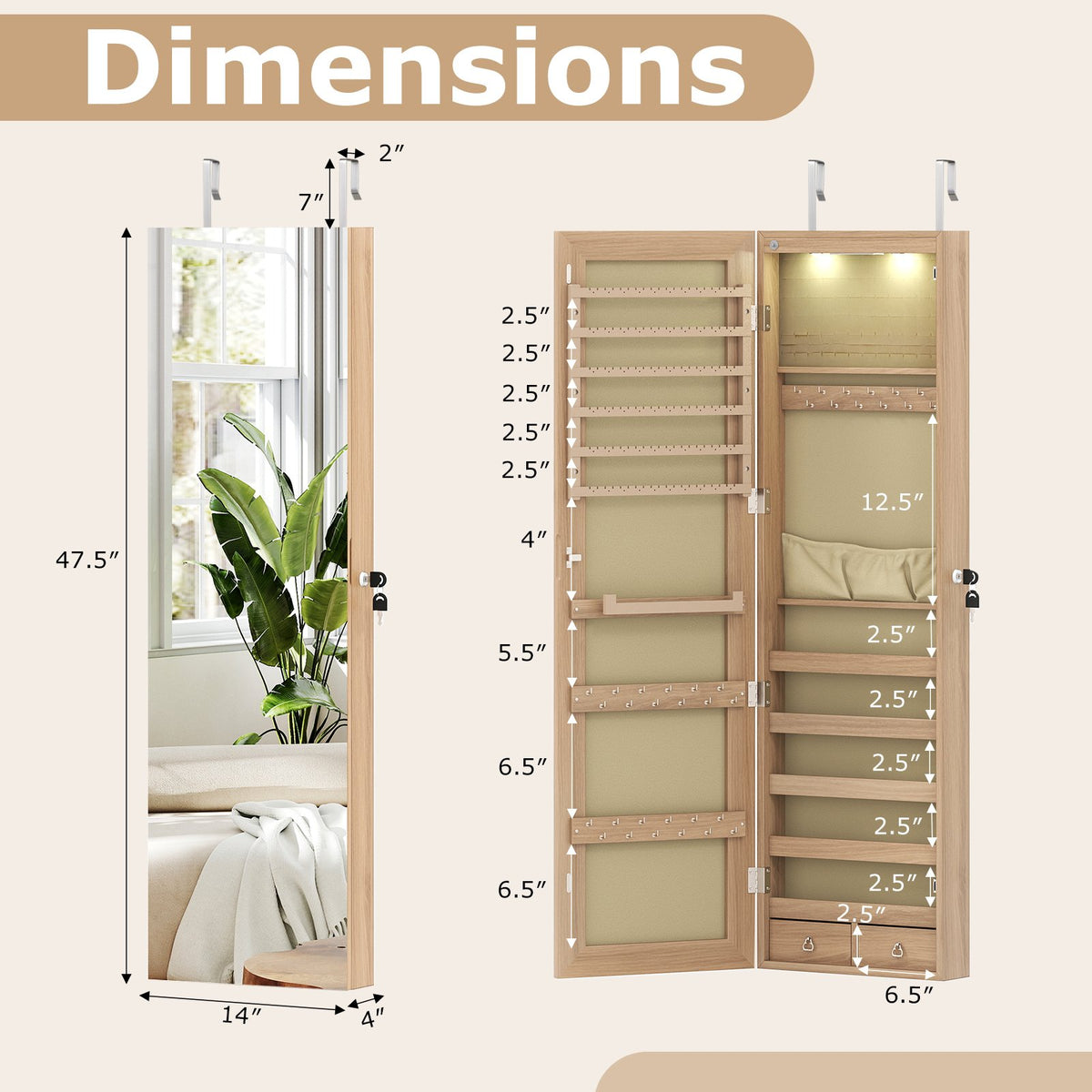 Wall and Door Mounted Mirrored Jewelry Cabinet with Lights-Natural view 5