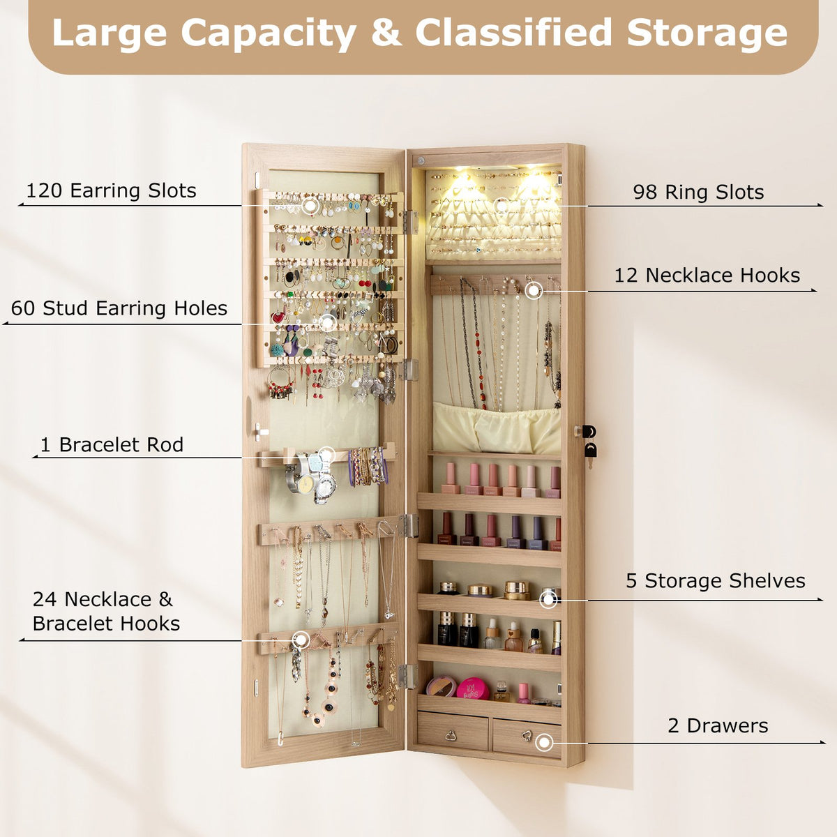 Wall and Door Mounted Mirrored Jewelry Cabinet with Lights-Natural view 9
