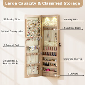 Wall and Door Mounted Mirrored Jewelry Cabinet with Lights-Natural view 9
