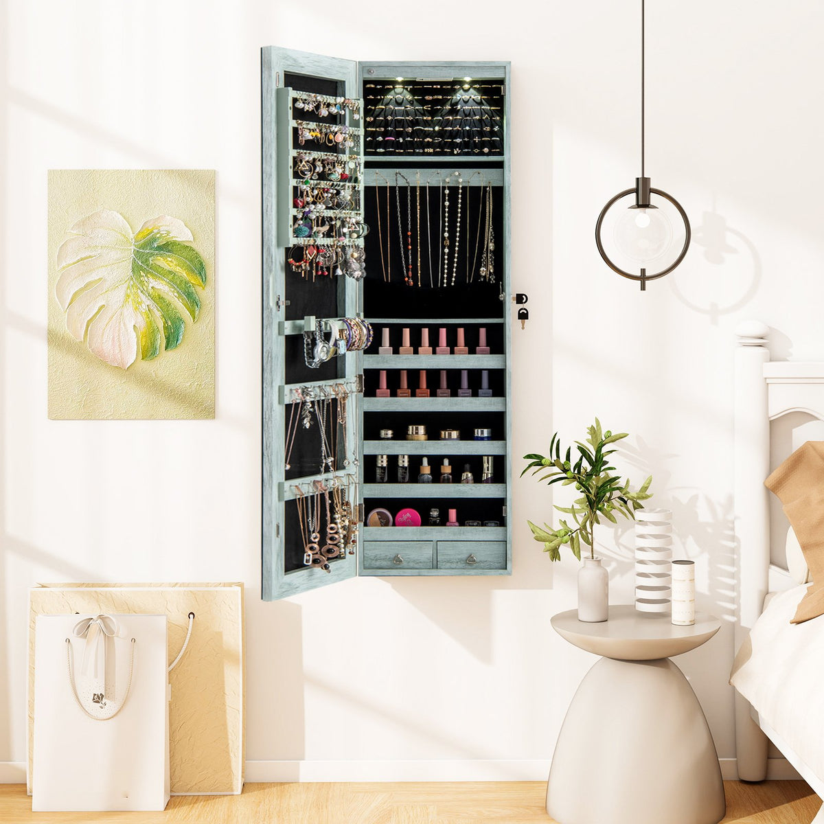Wall and Door Mounted Mirrored Jewelry Cabinet with Lights-Navy view 3