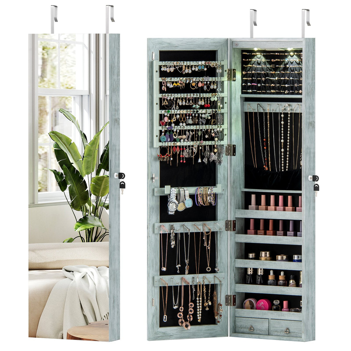 Wall and Door Mounted Mirrored Jewelry Cabinet with Lights-Navy view 4