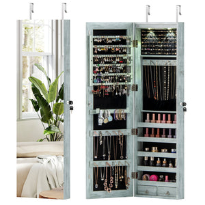 Wall and Door Mounted Mirrored Jewelry Cabinet with Lights-Navy view 4