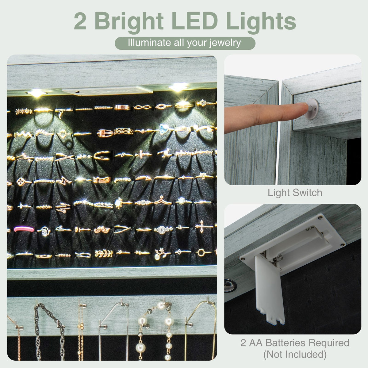Wall and Door Mounted Mirrored Jewelry Cabinet with Lights-Navy view 8