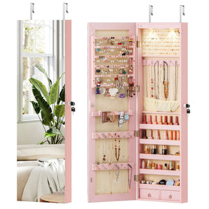 Wall and Door Mounted Mirrored Jewelry Cabinet with Lights-Pink view 4