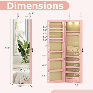 Wall and Door Mounted Mirrored Jewelry Cabinet with Lights-Pink view 5