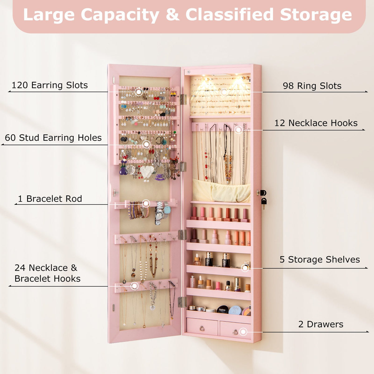 Wall and Door Mounted Mirrored Jewelry Cabinet with Lights-Pink view 6