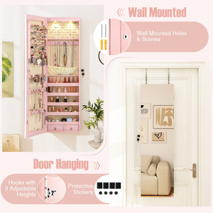Wall and Door Mounted Mirrored Jewelry Cabinet with Lights-Pink view 9