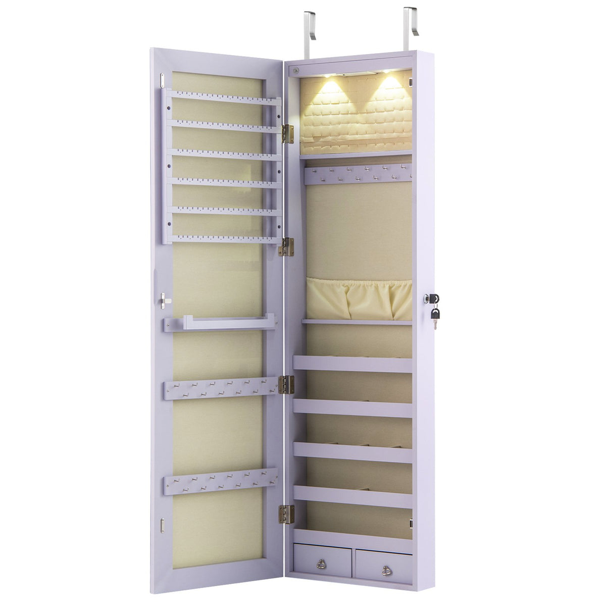 Wall and Door Mounted Mirrored Jewelry Cabinet with Lights-Purple view 4