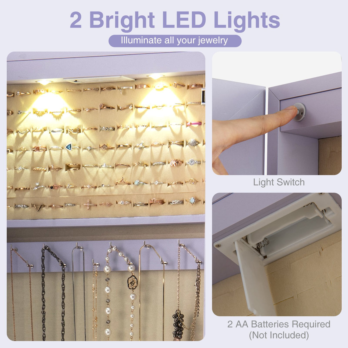 Wall and Door Mounted Mirrored Jewelry Cabinet with Lights-Purple view 8