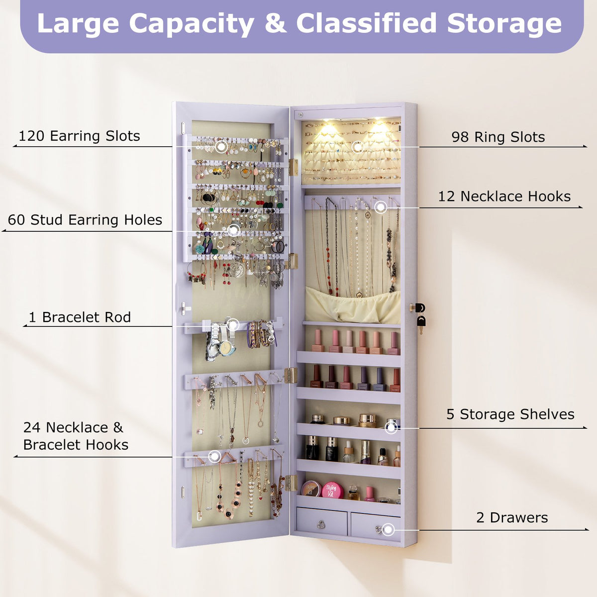 Wall and Door Mounted Mirrored Jewelry Cabinet with Lights-Purple view 9