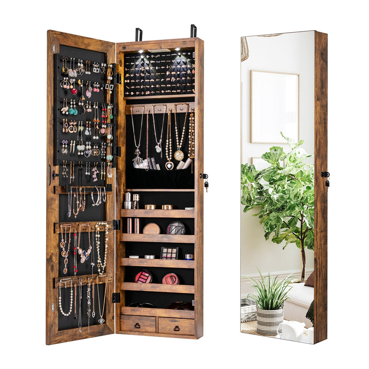 Wall and Door Mounted Mirrored Jewelry Cabinet with Lights-Rustic Brown view 4