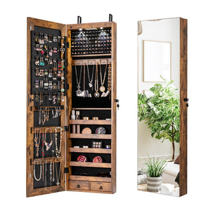 Wall and Door Mounted Mirrored Jewelry Cabinet with Lights-Rustic Brown view 4