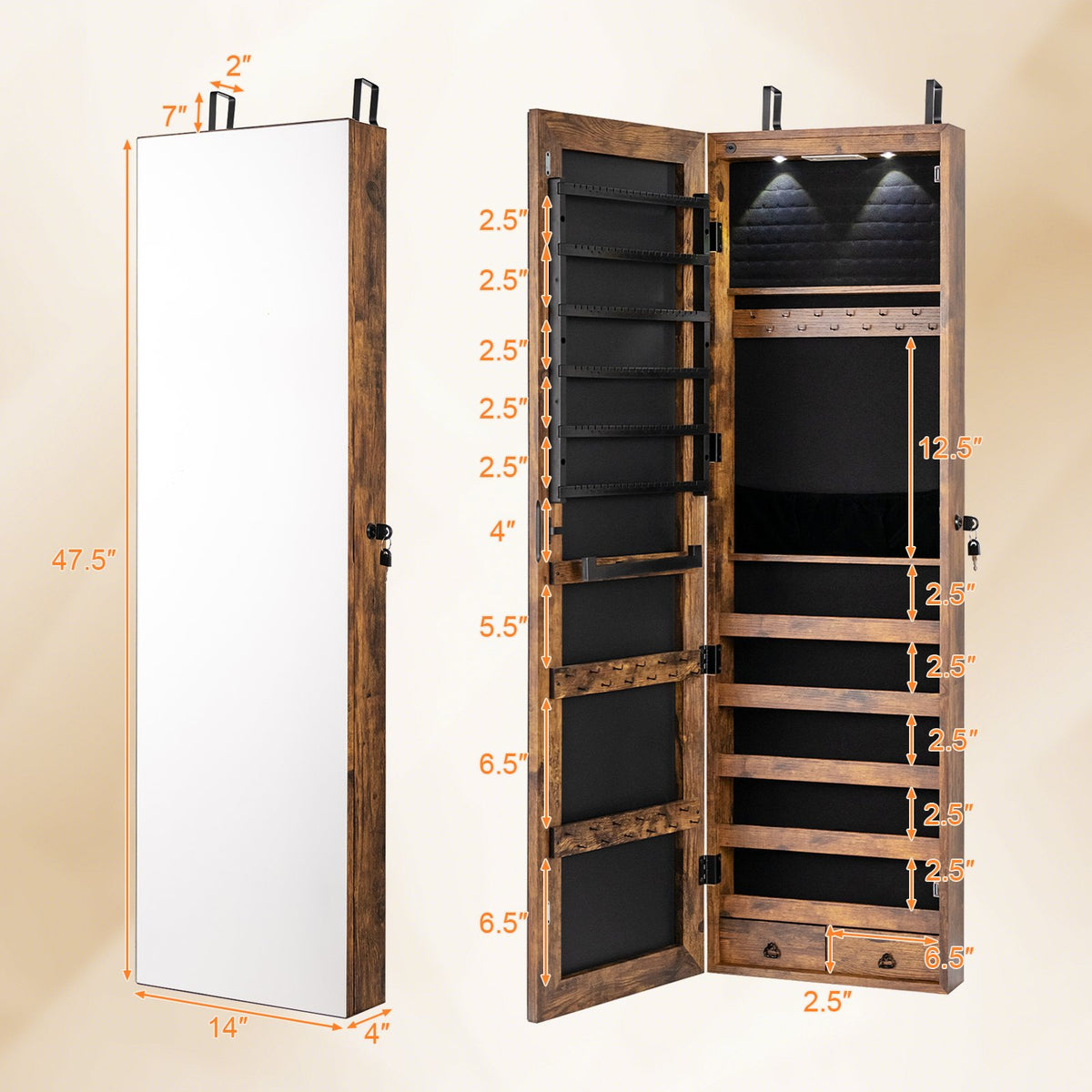 Wall and Door Mounted Mirrored Jewelry Cabinet with Lights-Rustic Brown view 5