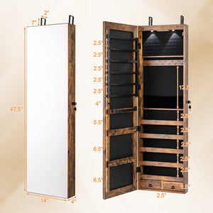Wall and Door Mounted Mirrored Jewelry Cabinet with Lights-Rustic Brown view 5