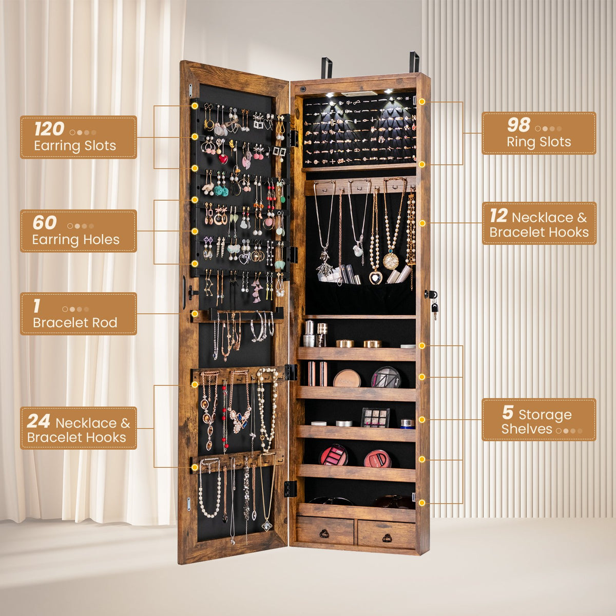 Wall and Door Mounted Mirrored Jewelry Cabinet with Lights-Rustic Brown view 6