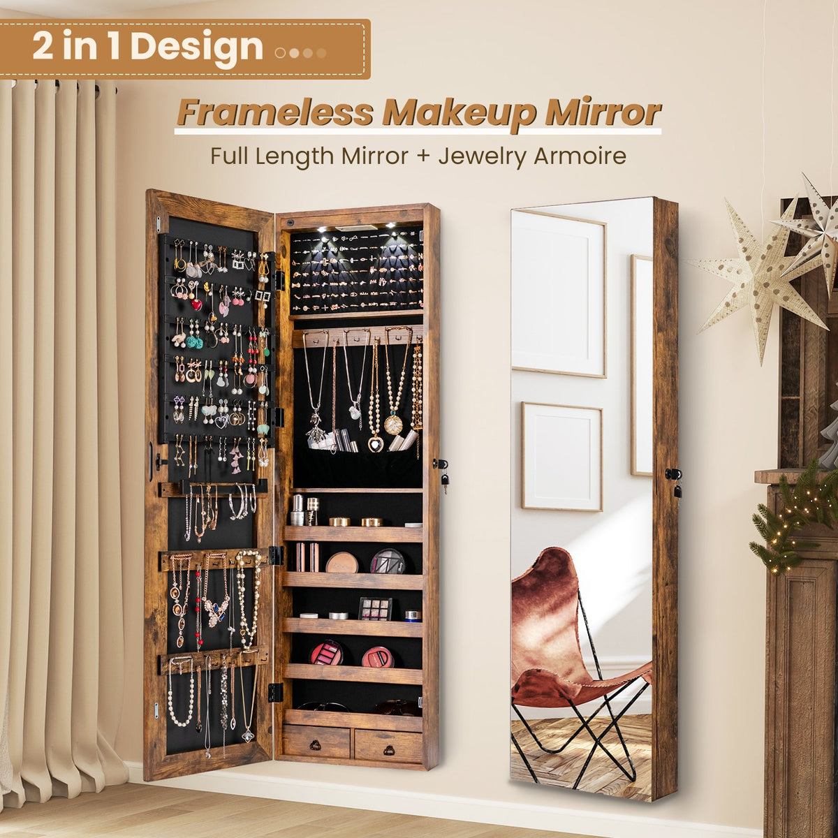 Wall and Door Mounted Mirrored Jewelry Cabinet with Lights-Rustic Brown view 7
