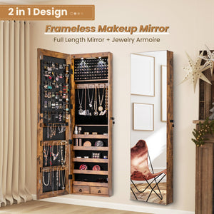 Wall and Door Mounted Mirrored Jewelry Cabinet with Lights-Rustic Brown view 7