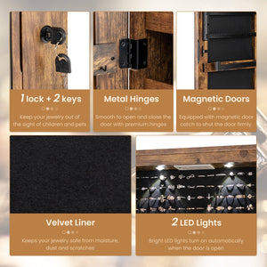 Wall and Door Mounted Mirrored Jewelry Cabinet with Lights-Rustic Brown view 8