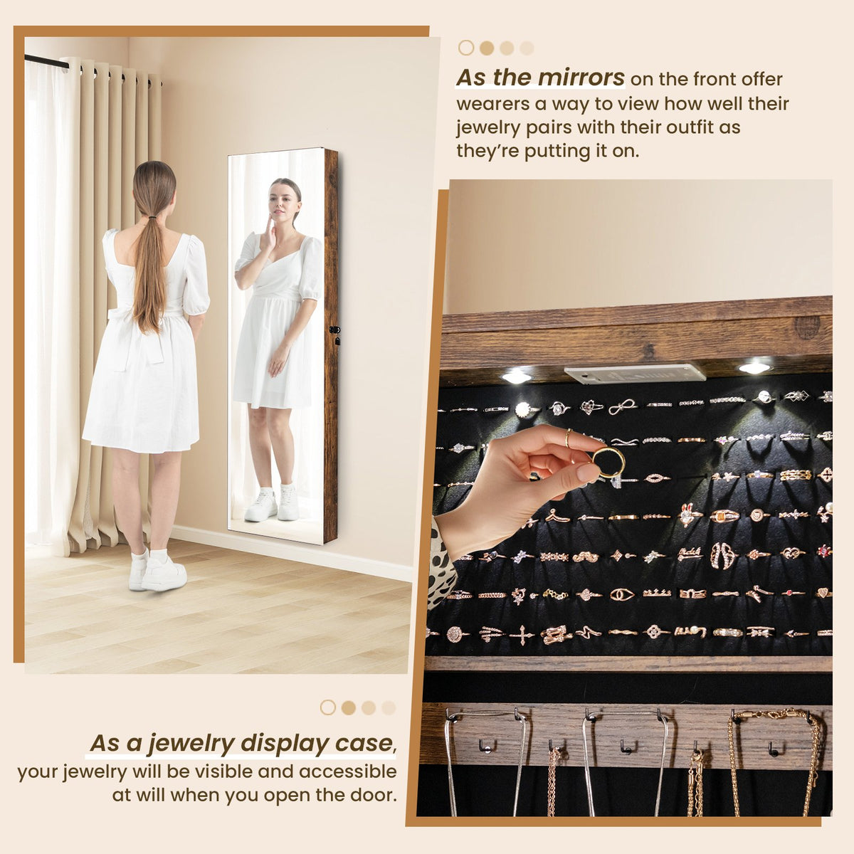 Wall and Door Mounted Mirrored Jewelry Cabinet with Lights-Rustic Brown view 9