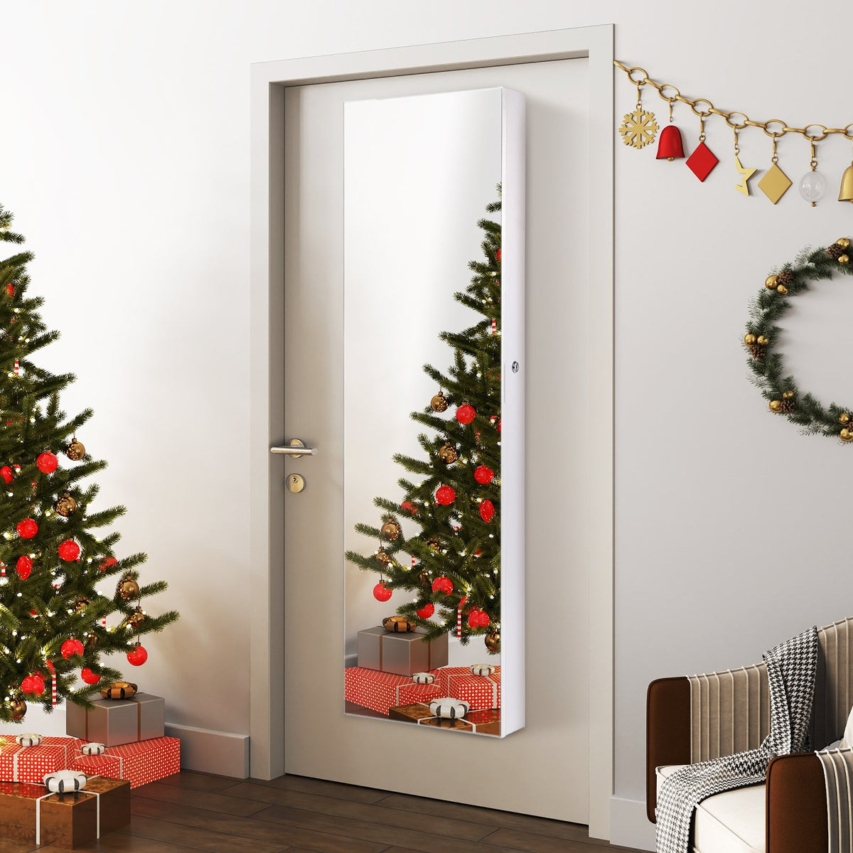 Wall and Door Mounted Mirrored Jewelry Cabinet With Lights-White view 2