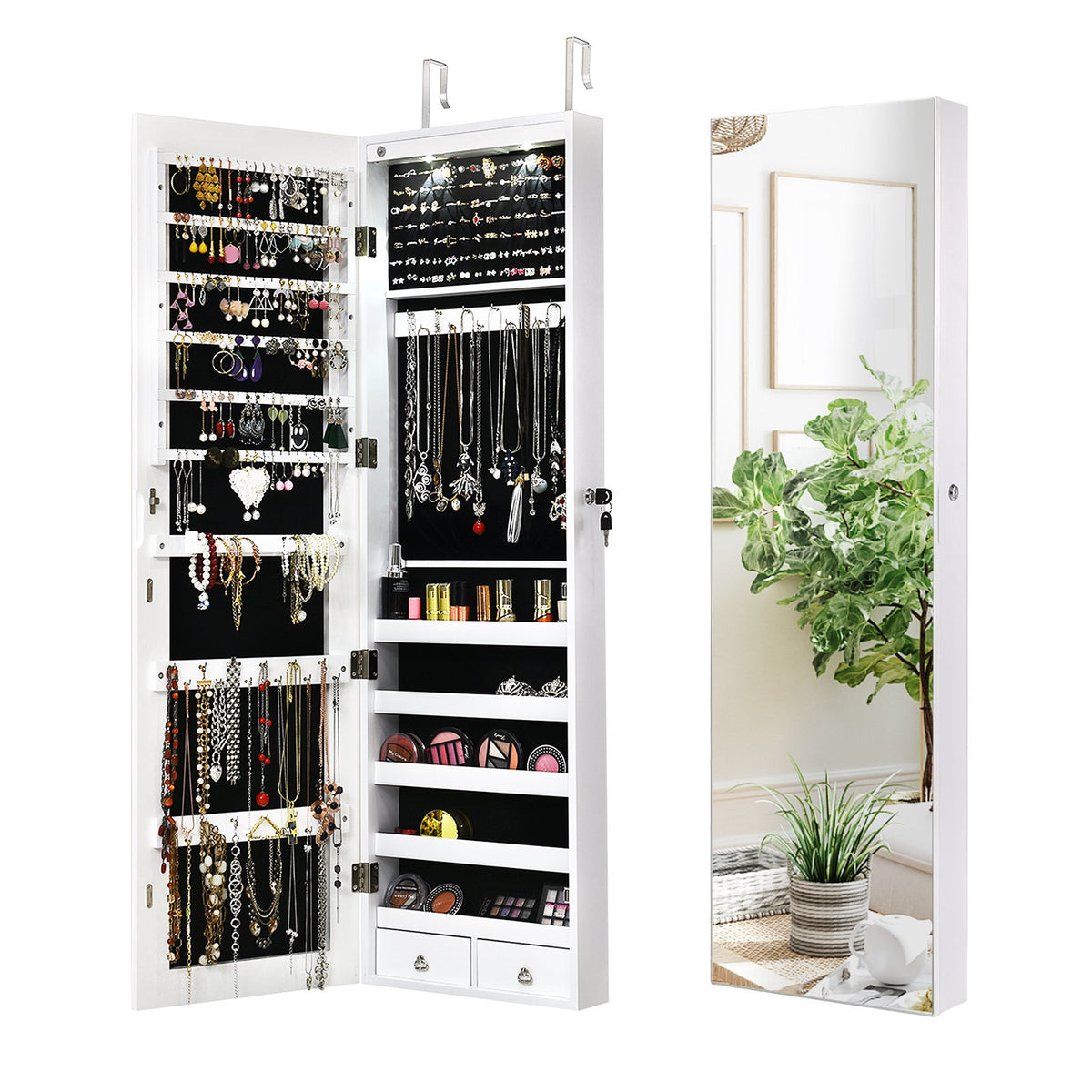 Wall and Door Mounted Mirrored Jewelry Cabinet With Lights-White view 4