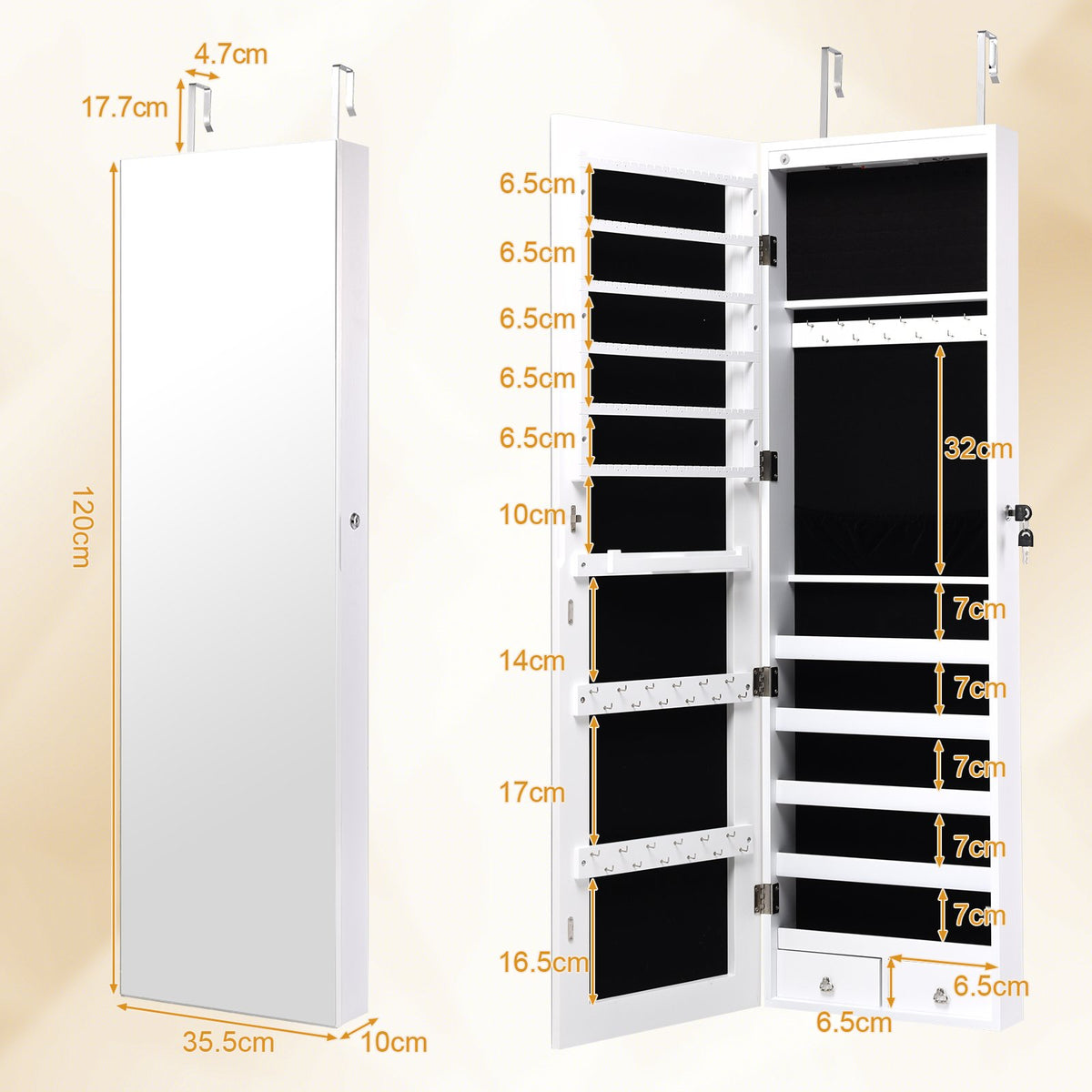 Wall and Door Mounted Mirrored Jewelry Cabinet With Lights-White view 5