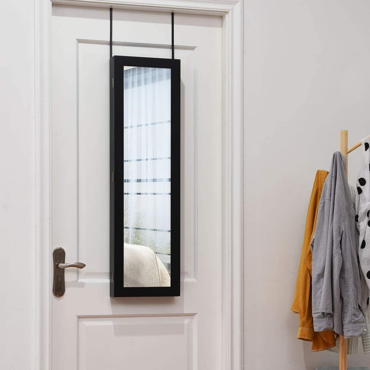 Full Length Mirror Jewelry Cabinet with Ring Slots and Necklace Hooks-Dark Brown view 2