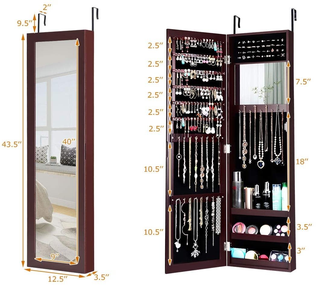 Full Length Mirror Jewelry Cabinet with Ring Slots and Necklace Hooks-Dark Brown view 4