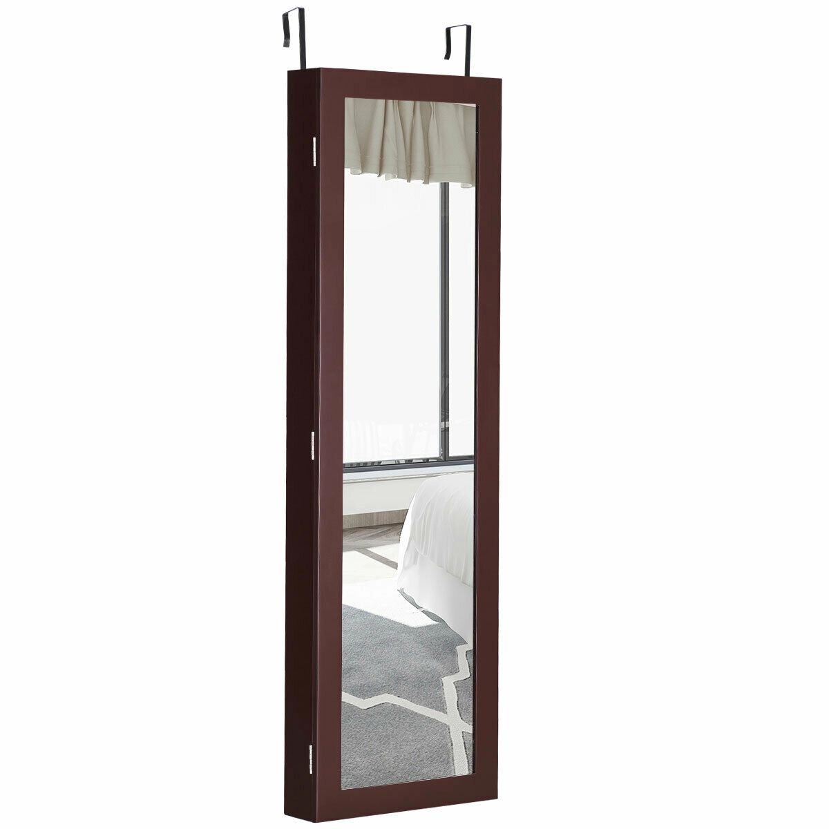 Full Length Mirror Jewelry Cabinet with Ring Slots and Necklace Hooks-Dark Brown view 5