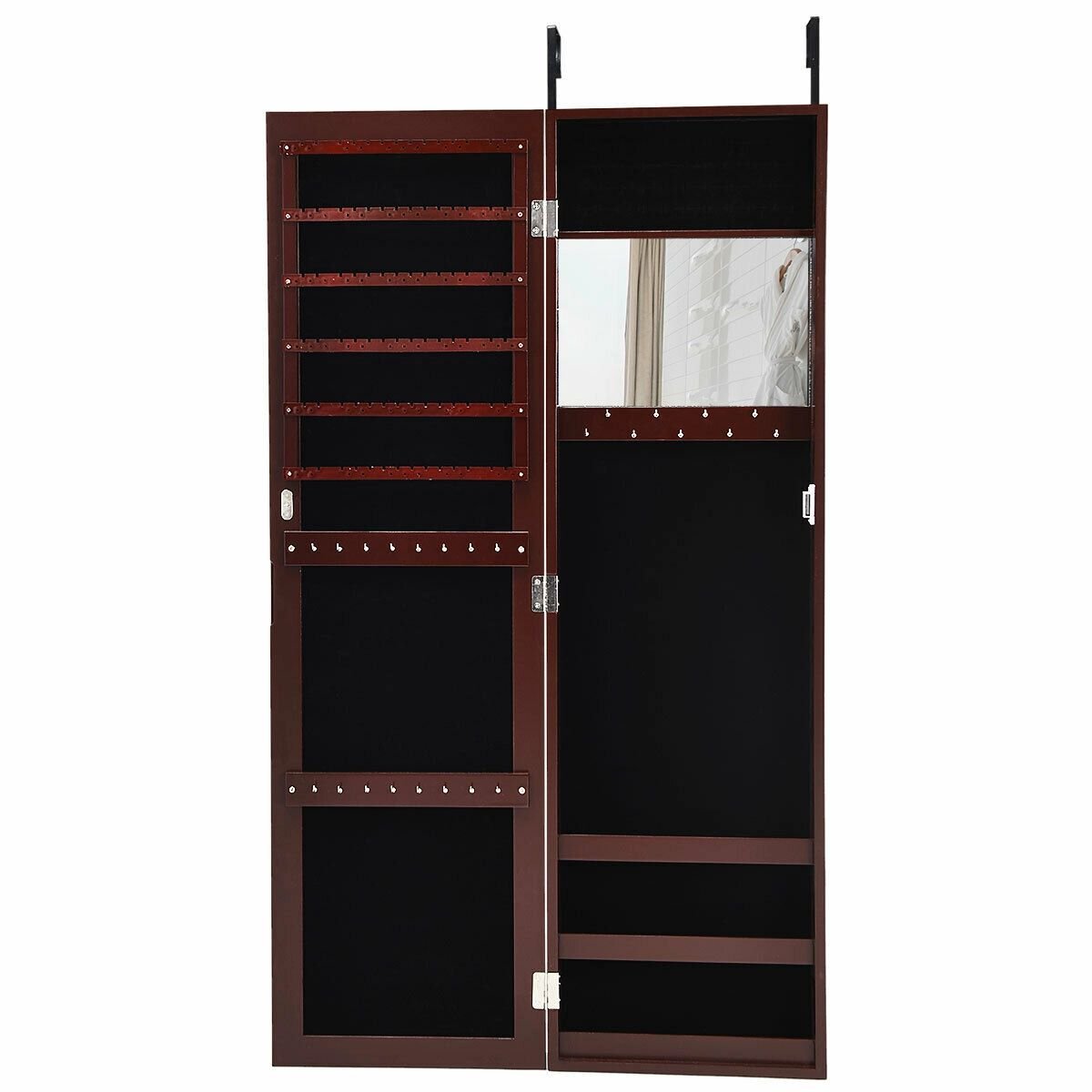 Full Length Mirror Jewelry Cabinet with Ring Slots and Necklace Hooks-Dark Brown view 7