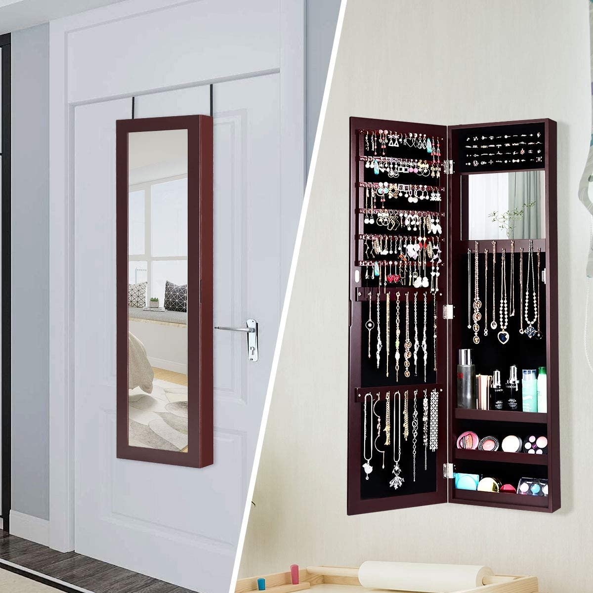 Full Length Mirror Jewelry Cabinet with Ring Slots and Necklace Hooks-Dark Brown view 9