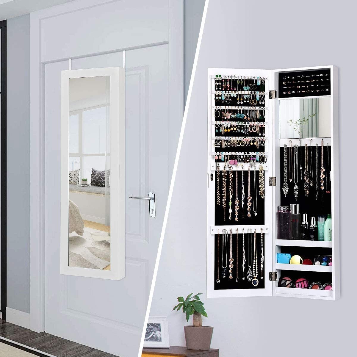 Wall Door Mounted Mirrored Jewelry Cabinet Storage Organizer-White view 3