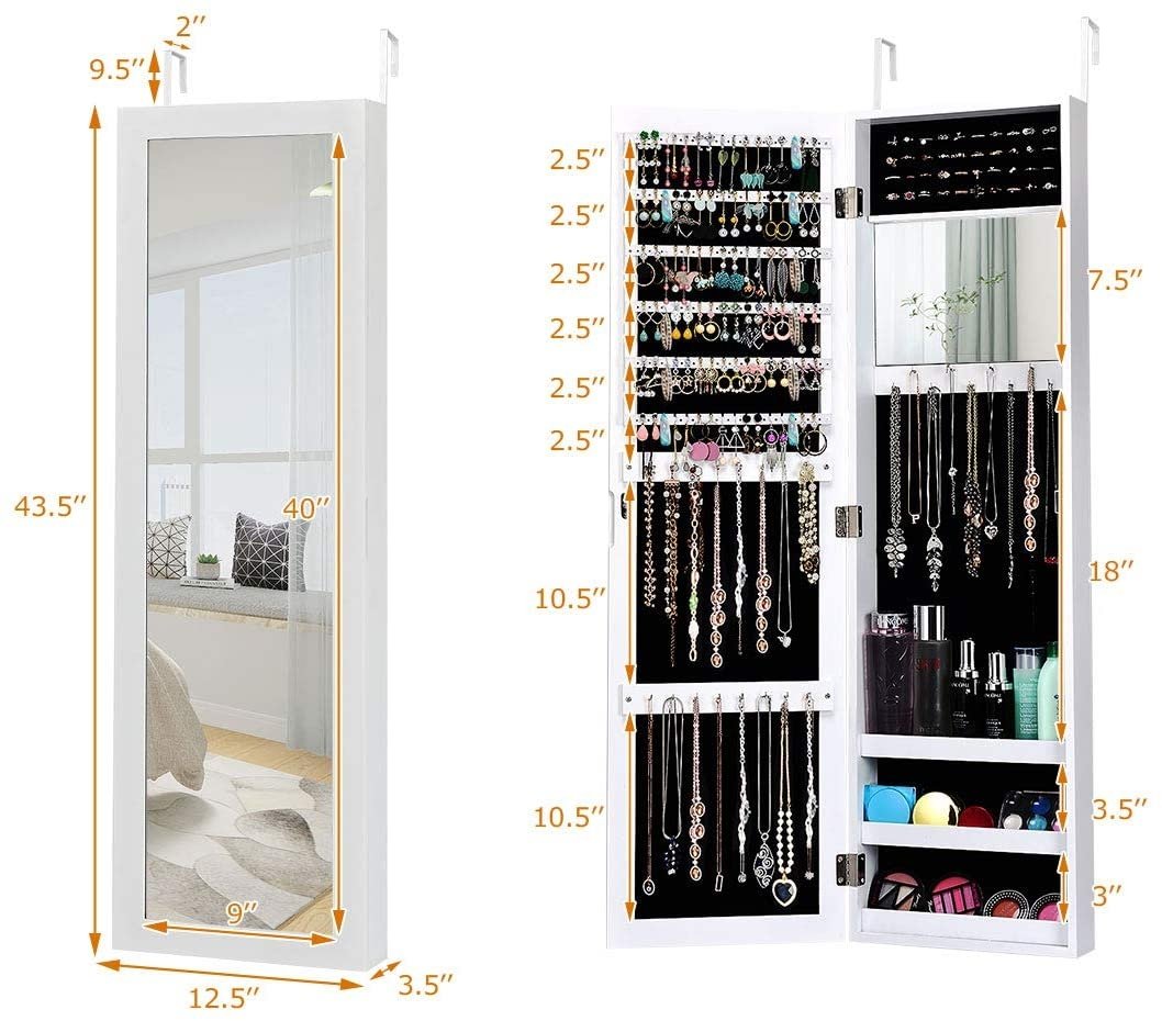 Wall Door Mounted Mirrored Jewelry Cabinet Storage Organizer-White view 4