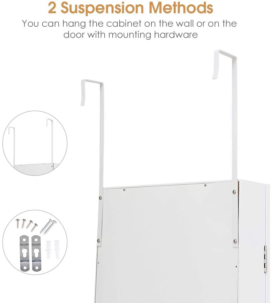 Wall Door Mounted Mirrored Jewelry Cabinet Storage Organizer-White view 6