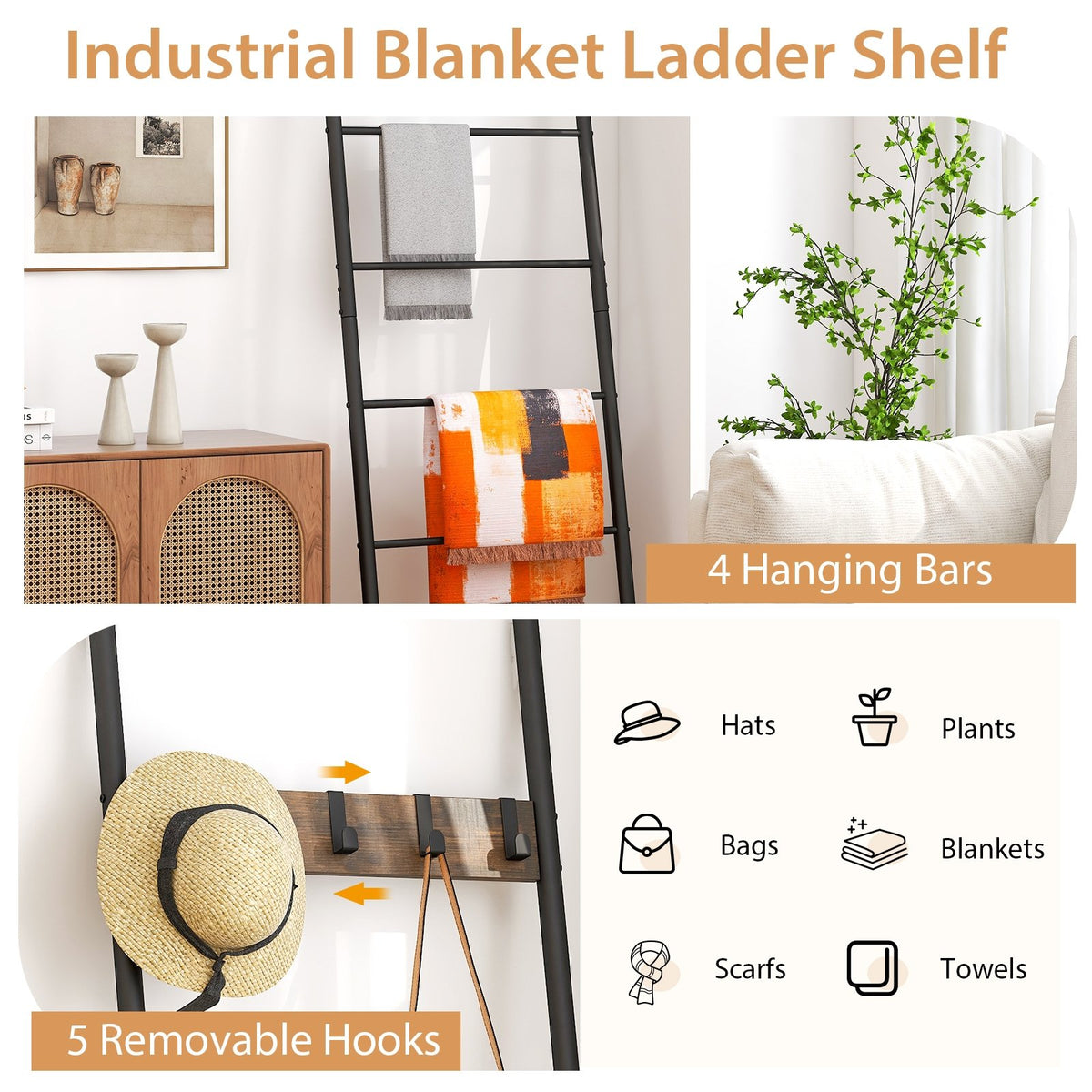 Wall-Leaning Decorative Blanket Holder with 5 Removable Hooks view 8
