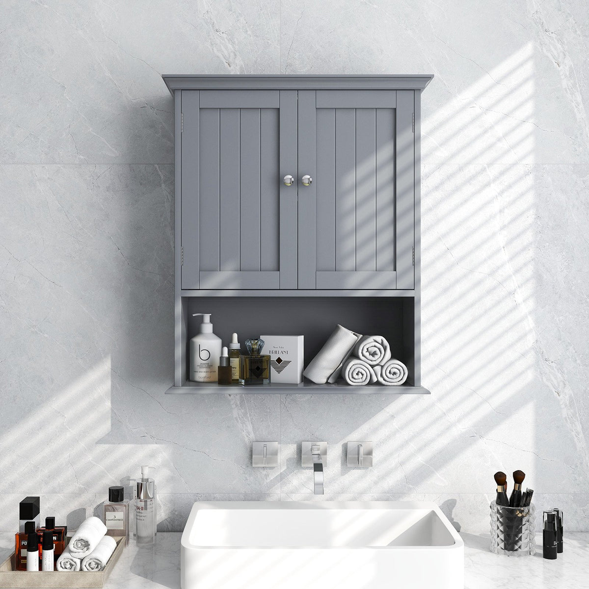 Wall Mount Bathroom Cabinet Storage Organizer with Doors and Shelves-Gray view 2