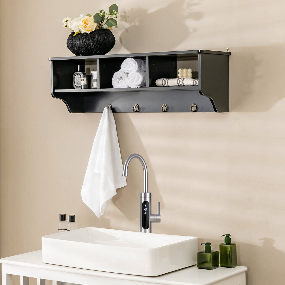 Wall Mount Cubby Organizer Hooks Entryway Storage Shelf-Black view 2
