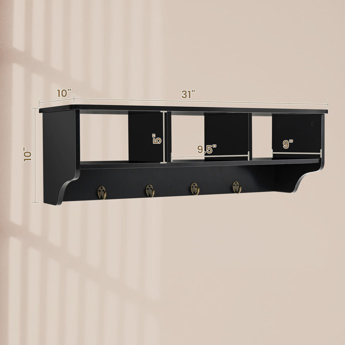 Wall Mount Cubby Organizer Hooks Entryway Storage Shelf-Black view 4