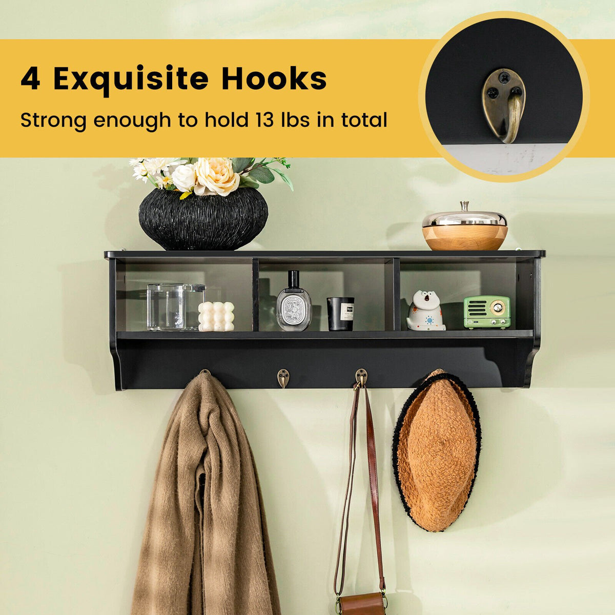 Wall Mount Cubby Organizer Hooks Entryway Storage Shelf-Black view 5